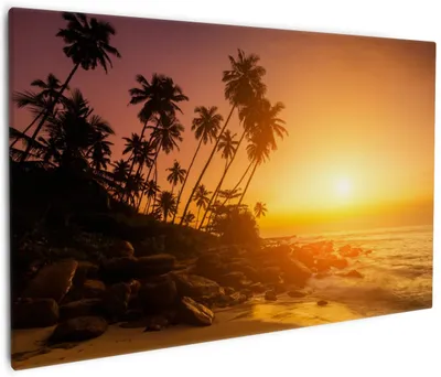 Produktbild von Wallario Premium Leinwandbild Kokospalmen am Abend - Sonnenuntergang in Sri Lanka in Größe 60 x 90 cm