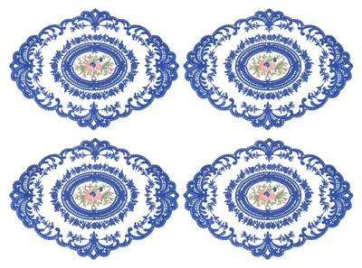 4 Retro-Spitzenplatzdeckchen, 30x40 cm, oval, bestickt, Saphirblau
