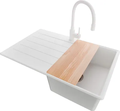 Produktbild von PRIMAGRAN Granitspüle Weiß 78x50cm, Spülbecken 1 Becken + Küchenarmatur 38x14cm + Ablauf-Set + Schneidebrett, Küchenspüle ab 45er Unterschrank - Kopenhagen