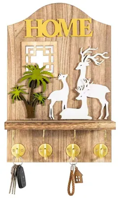 Holz-Schlüsselhalter mit Ablage, 8 Haken, rustikales Design, 23x35x10 cm