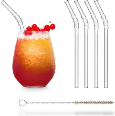 Produktbild von HALM Glasstrohhalme für Kinder im Ziehharmonika-Stil 4 Stück gebogen 20 cm Wiederverwendbar Glastrinkhalme Glasstrohalme + plastikfreie Reinigungsbürste Strohalm Trinkhalm
