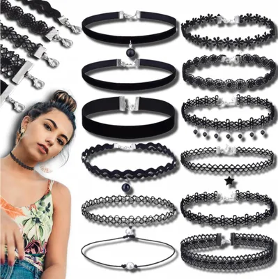 Produktbild von EDIBAZZAR | 12er Set CHOKER Halskette Band Spitze Boho Damen Punk schwarz retro