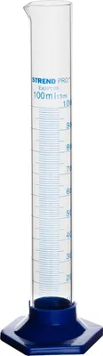 A clear studio shot of a 100ml glass graduated cylinder with a blue base.