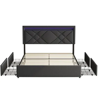 Produktbild von Bett 160x200 mit Lattenrost und 4 Schubladen, Stauraumbett 140x200 mit LED, USB Typ C Anschluss, Leinen, grau