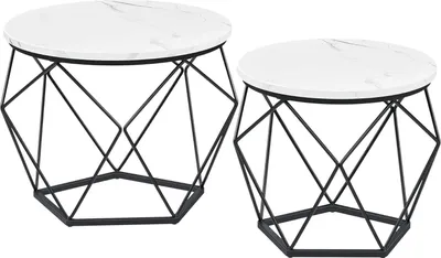 Produktbild von VASAGLE Runde Couchtische, 2er-Set Beistelltische, moderner Stil, abnehmbare Tischplatte, Stahlgestell, für Wohnzimmer, weiß und schwarz