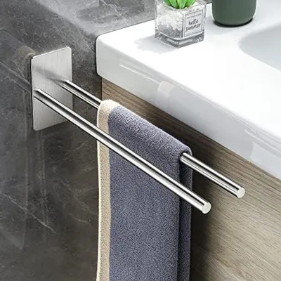 Produktbild von PromoHome® Selbstklebender Handtuchhalter ohne Bohren 38cm Edelstahl Doppelter Handtuchstange Bad Küche Wandmontage Silber