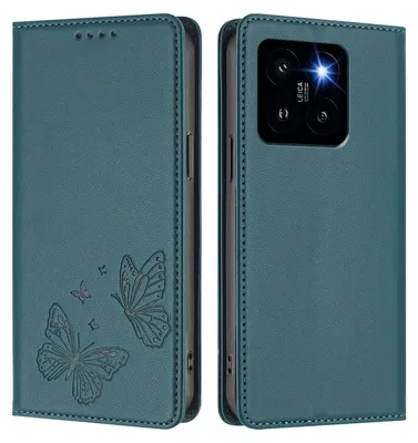 Obrázek produktu pro Kožené pouzdro pro Xiaomi 14 Pro, motýlí ražbou, peněženkové flip pouzdro se stojánkem Zelená
