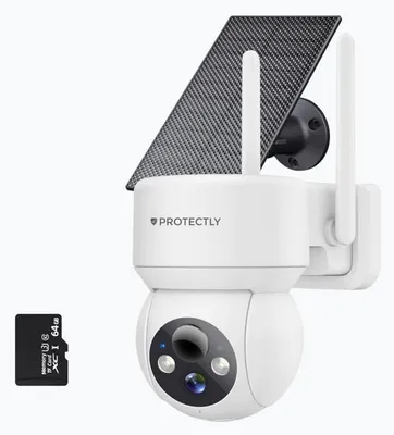 Produktbild von Protectly® 3K Solar Überwachungskamera Außen – kabellose WLAN Kamera mit 5MP, Nachtsicht, 355° PTZ, 64GB SD & App