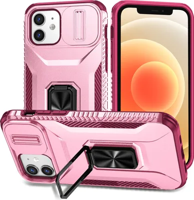 Produktbild von Handyhülle für iPhone 12 / iPhone 12 Pro Dual Layer Hülle mit Schiebe Kamera Schutz und Ringhalter Ständer Rosa