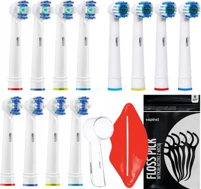 A collection of Oral-B compatible toothbrush heads and dental floss picks.