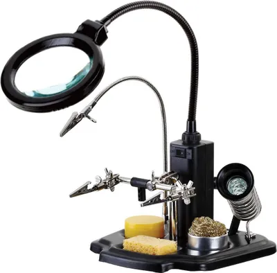 Produktbild von Zhongdi ZD-10Y Helfende Hand mit Glaslupe, LED-Lampe, Krokodilklemmen, Lötkolbenhalter, Spulenhalter