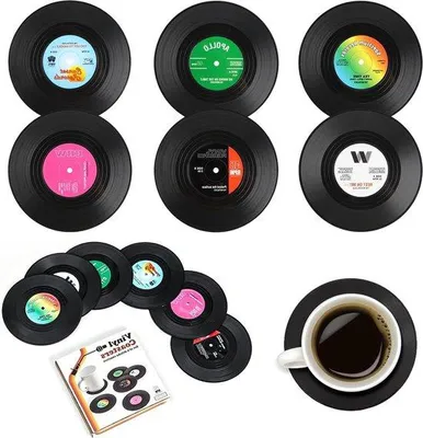 Produktbild von Retro-Vinyl-Schallplatten-Untersetzer – rutschfest – 12 Stück – mehrfarbig – Holz