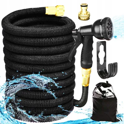 Produktbild von Umfangreicher Gartenschlauch, flexible Pistolenanschlüsse, Hakenhalter, 15 m Set