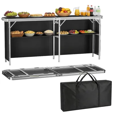 Image de YARDIN, comptoir mobile pliable en aluminium, L 196 x P 38 x H 85 cm, comptoir portable pour salons et événements, avec plateau en MDF et sac de transport, grande table pour jardin, camping et fêtes en extérieur