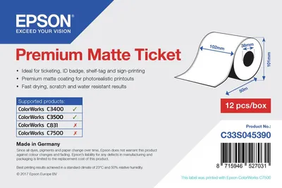 Produktbild von Epson Premium Matte Ticket Roll, 102 mm x 50 m, Matte, 107 g/m², 1 Stück(e), 114 mm, 104 mm, 120 mm