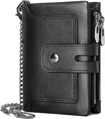 Imagen del producto de Cartera de cuero para hombre, con protección RFID, compartimento para monedas con cremallera, y correa