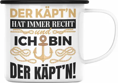 Produktbild von Trendation - Kapitän Emaille Tasse Geschenk Käptn Lustiger Spruch Bootsfahrer Sportboot Herren Segler Segeln Motoboot (Schwarz)