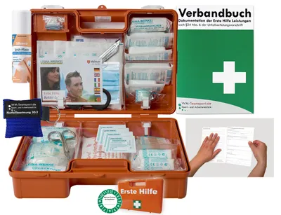 Produktbild von Verbandskasten (M) Typ SN - Erste Hilfe nach aktueller DIN 13157 für Betriebe -DSGVO- INKL. PERF. VERBANDBUCH + Notfallbeatmungshilfe, Sprühpflaster