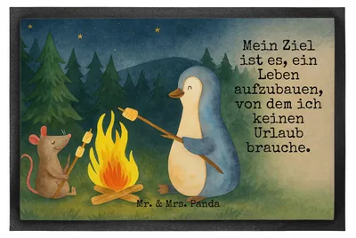 Produktbild von Mr. & Mrs. Panda fußmatte Pinguin Lagerfeuer Design 40 x 60 cm - Weiß - Geschenk, flurmatte, Grillen, Arbeit, Eingangsteppich, Job, Eingangsmatte, Marshmallows, Maus