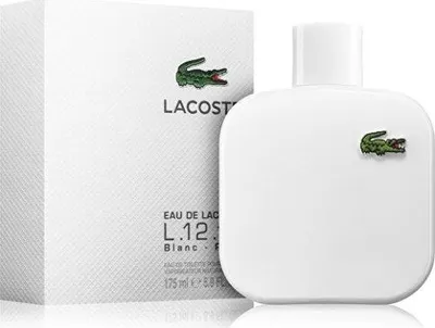A white perfume bottle and its packaging are displayed against a white background.
