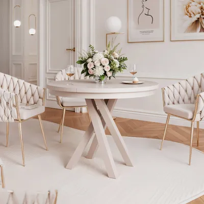 Image de Table à rallonges IDOHOME LORIEN, ronde, 100–140 cm, cachemire, pieds en métal, table de cuisine, table de salle à manger