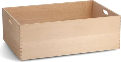 A wooden storage box with handles on a white background.