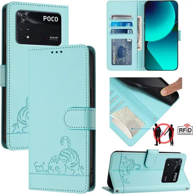 Produktbild von Leder Hülle für Xiaomi Poco M4 Pro 4G Süße Katze Flip Case Brieftasche Schutzhülle mit Standfunktion hellgrün
