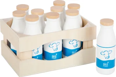 Immagine prodotto di cassa del latte a piede piccolo "fresh" in legno, accessorio per negozio e cucina per bambini, 10 bottiglie in cassa, da 3 anni, 12354