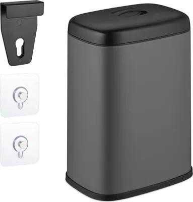 Immagine prodotto di Relaxdays Cestino da rifiuti a parete, 5 litri, da agganciare o incollare, cestino interno, cestino da cucina, cestino da bagno, grigio