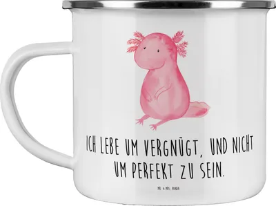 Produktbild von Mr. & Mrs. Panda Pott Axolotl Niedlich - Weiß - Geschenk, Kaffeepott, Liebe, Freundin, Emaille Tasse, Becher, Zufrieden, Lebensweisheit, Fröhlich, Haferl, Teetasse