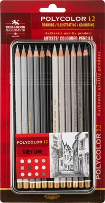 Immagine prodotto di Pastelli a matita Polycolor in tonalità grigia 12 colori in scatola di metallo Koh-i-noor