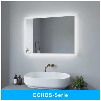 Produktbild von AQUABATOS® ECHOS-Serie 80x60 cm LED Badspiegel mit Beleuchtung Kaltweiß und Warmweiß Licht Dimmbar Beschlagfrei Antibeschlag Badezimmerspiegel Beleuchtet Wandspiegel lichtspiegel