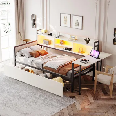 Image de MODFU Lit Banquette 90x200 cm, Lit Simple Avec LED et Bureau Escamotable, Tiroirs de Rangement Intégrés, Métal + MDF, Blanc - Sans Matelas
