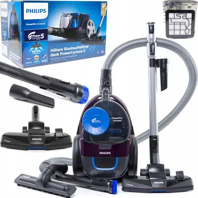 A collage of a Philips vacuum cleaner and its accessories, along with its packaging.