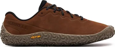 A side view of a single brown Merrell Vapor Glove 6 LTR men's barefoot trail running shoe.
