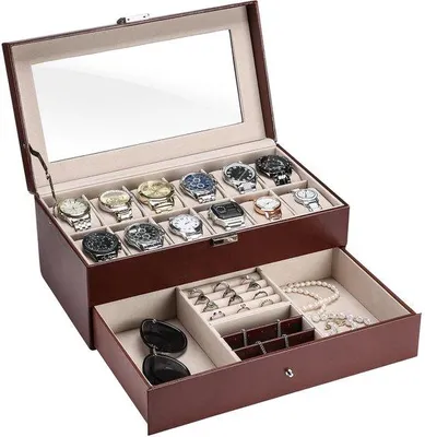 Obrázok produktu pre ProCase dvojposchodová krabička na šperky a hodinky, krabička na šperky so skleneným vekom, 12 priehradiek, hnedá