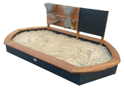 Produktbild von AXI Joey Sandkasten oval aus Holz - Braun/Anthrazit | Sandkasten Mit Spielwand und Kreidetafel | Mit Bodenplane & Schutzhülle | 158 x 91 x 57 cm