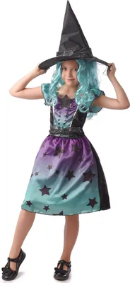 Immagine prodotto di Costume da strega a tema stellare, costume da bambina per Halloween, colore viola-turchese, taglia 122/134 (7-9 anni)