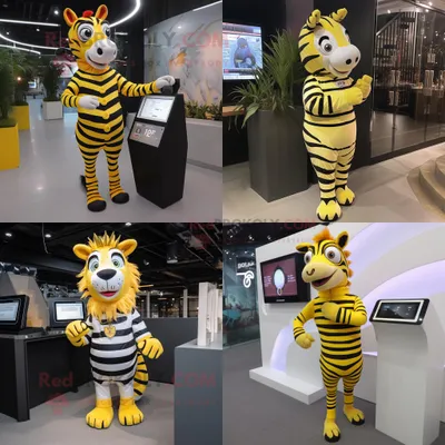 Produktbild von Gelber REDBROKOLY Zebra Maskottchen Kostüm charakter bekleidet mit Minikleid und Digitaluhren