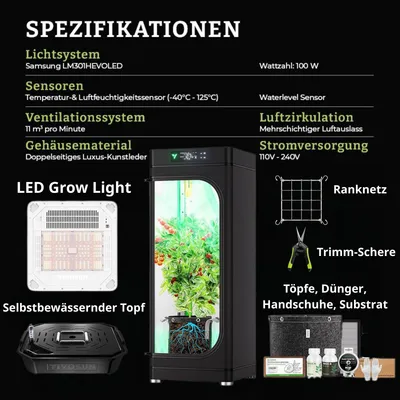 A marketing image showcasing a smart grow box with various components and specifications listed.