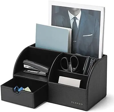 Produktbild von Schreibtisch-Organizer mit Schublade, Leder, Büro, Schrein, Schreibtisch-Organizer, multifunktionaler Schreibtisch-Stift-Organizer, Fernbedienungshalter Schwarz