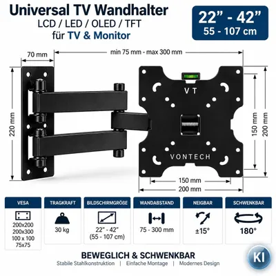 Produktbild von TV Wandhalterung 22–42 Zoll schwenkbar & neigbar – bis 30 kg schwarz