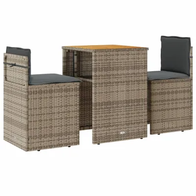 Produktbild von 3-tlg. Bistro-Set mit Kissen Grau Poly Rattan