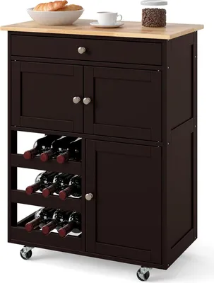 A dark brown kitchen cart with a wooden countertop is shown against a white background. It features a drawer, two cabinets, and a wine rack. There are also some food items and a cup on the countertop.