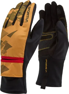 Skihandschuhe "Session Tech Gloves M" von La Sportiva in orange und schwarz mit rutschfester Handfläche.