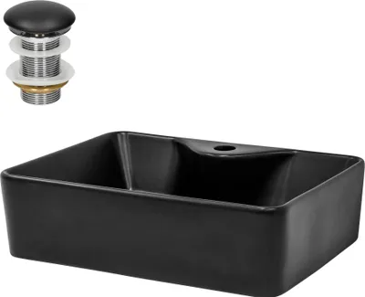 Produktbild von LuxeBath Waschbecken Aufsatzwaschbecken Eckig, 49x36,5x14 cm, Schwarz, aus Keramik, inkl. Ablaufgarnitur ohne Überlauf