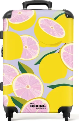 Obrázek produktu pro NoBoringSuitcases.com Středně velký pevný kufr 67x43x25 cm, 72L, barevné potisky ovoce pro ženy: Fialový se žlutými růžovými citrony, cestovní kufr na 4 kolečkách