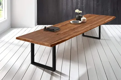 Produktbild von XL-Esstisch 400x120 cm Bob, Akazienholz nussbaumfarben & massiv, Baumkantentisch mit U-Gestell aus Metall Schwarz, echte Baumkante, Platte 50mm