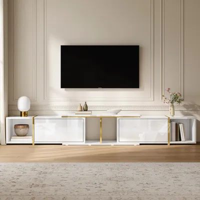 Produktbild von okwish modernes TV-Lowboard mit ausziehbarer Funktion, TV-Schrank Hochglanzfronten mit offenen Fächern, für das Wohnzimmer, Weiß