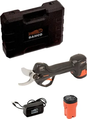 A set of pruning shears and accessories laid out on a white background.
